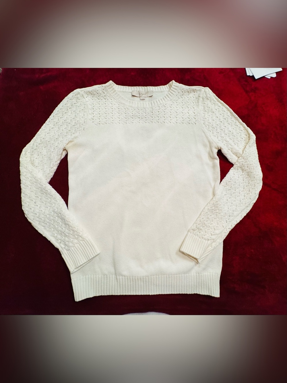 LOFT White Cable-Trim Crewneck Sweater
